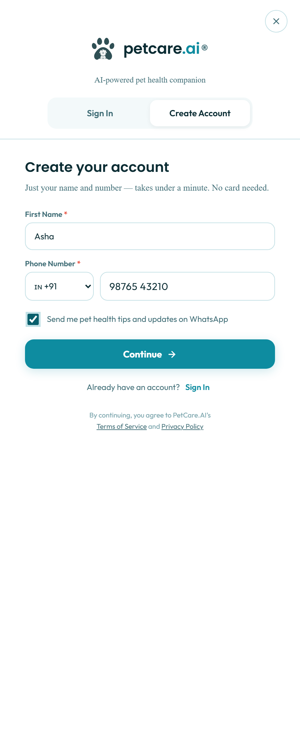 Getting Started with PetCare.AI — Fill in your details
